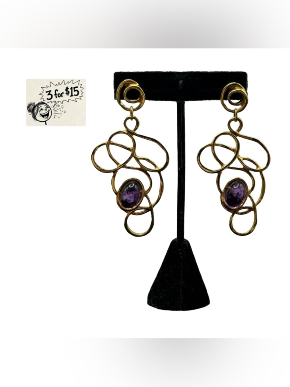 2.5" Gold-Tone Swirl Drop Earrings with Purple Cabochon